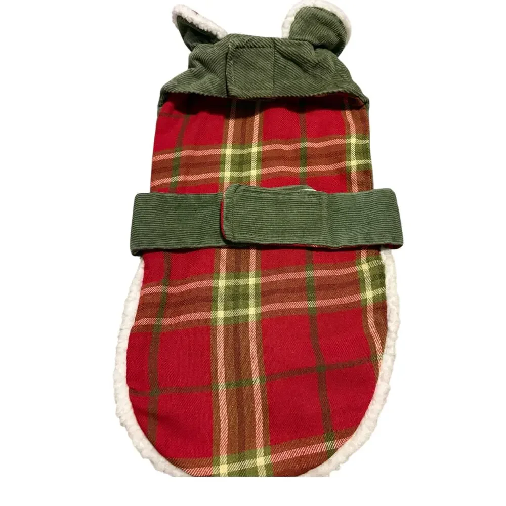 Corduroy Dog Coat Vest Jacket Hunter Green & Plaid Size M